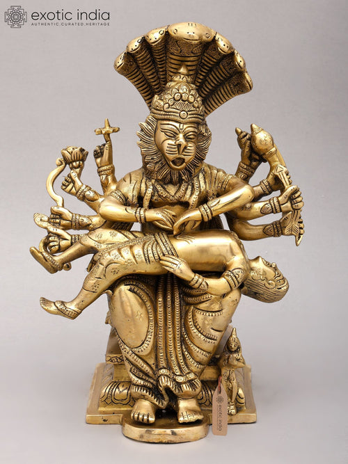 13" Ten Armed Narasimha Brass Statue Killing Hiranyakashipu