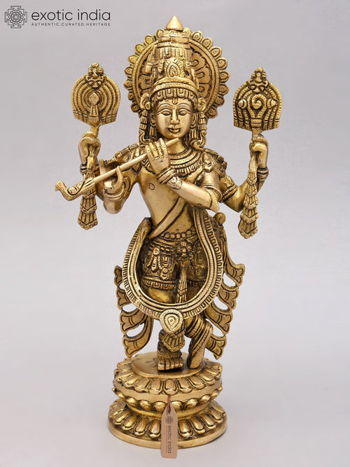 13" Four Armed Venugopal Krishna Brass Statue for Pooja