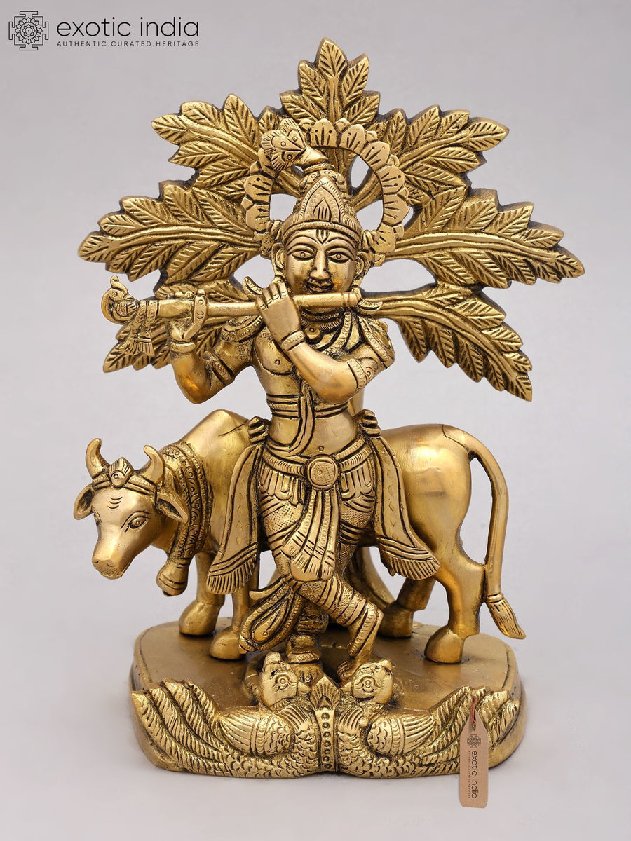 9" Cow Krishna Playing Flute Brass Statue