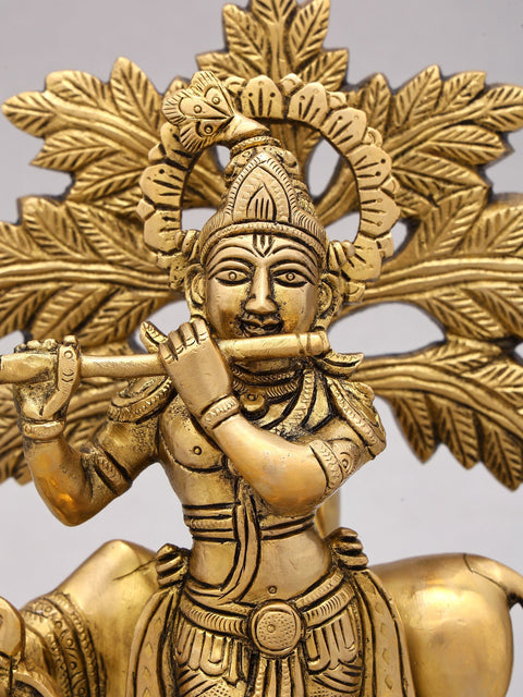 9" Cow Krishna Playing Flute Under The Tree | Brass Statue