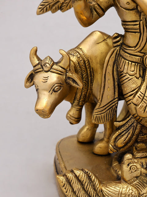 9" Cow Krishna Playing Flute Under The Tree | Brass Statue