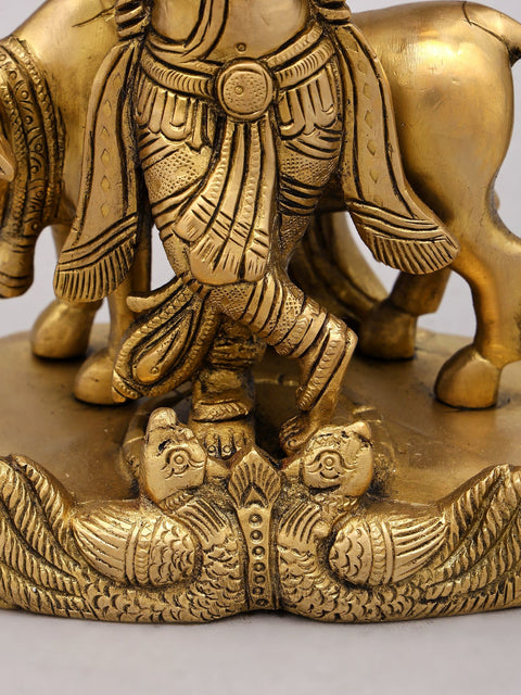 9" Cow Krishna Playing Flute Under The Tree | Brass Statue