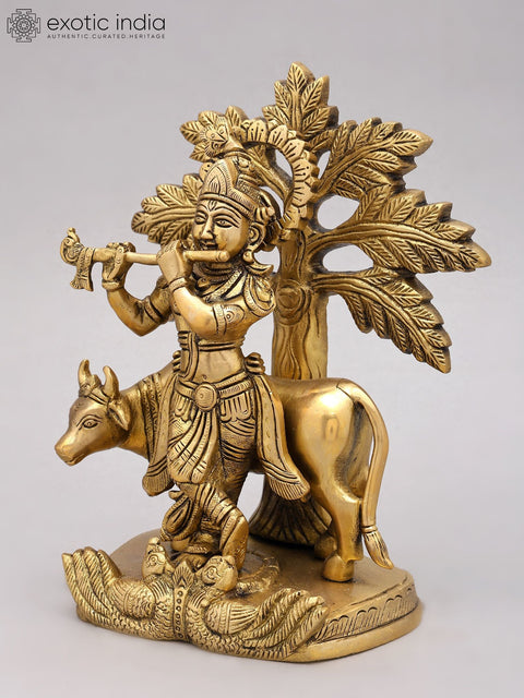 9" Cow Krishna Playing Flute Under The Tree | Brass Statue