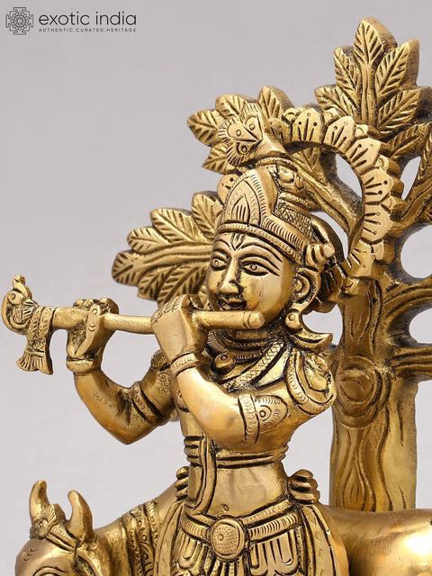 9" Cow Krishna Playing Flute Under The Tree | Brass Statue