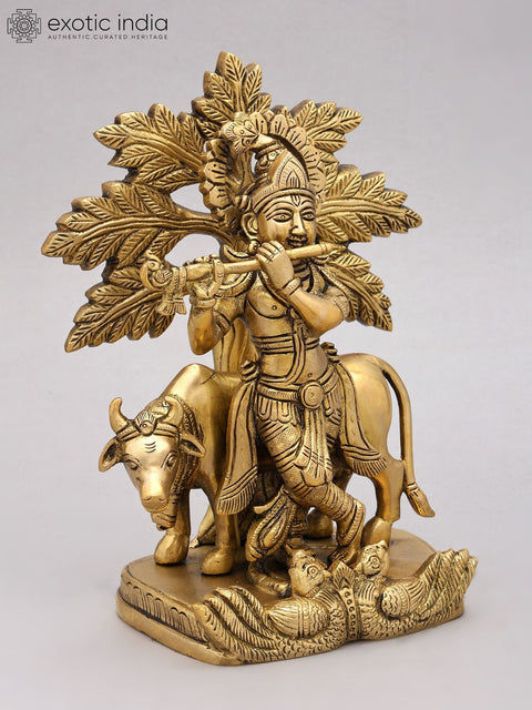 9" Cow Krishna Playing Flute Under The Tree | Brass Statue