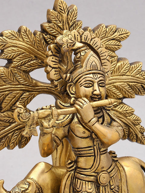 9" Cow Krishna Playing Flute Under The Tree | Brass Statue