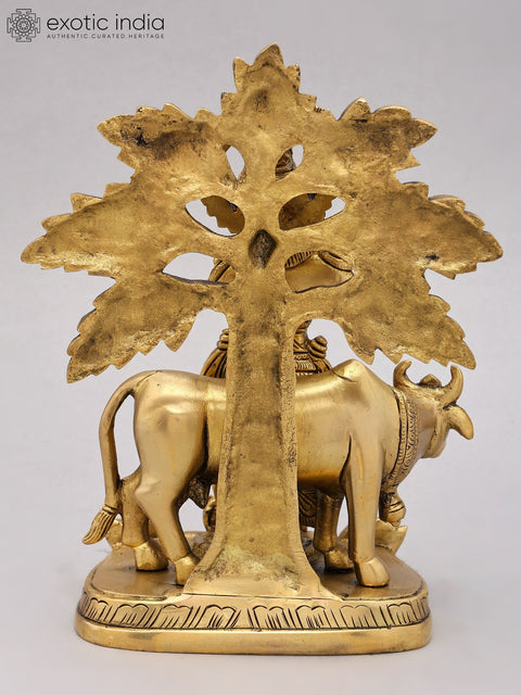 9" Cow Krishna Playing Flute Under The Tree | Brass Statue