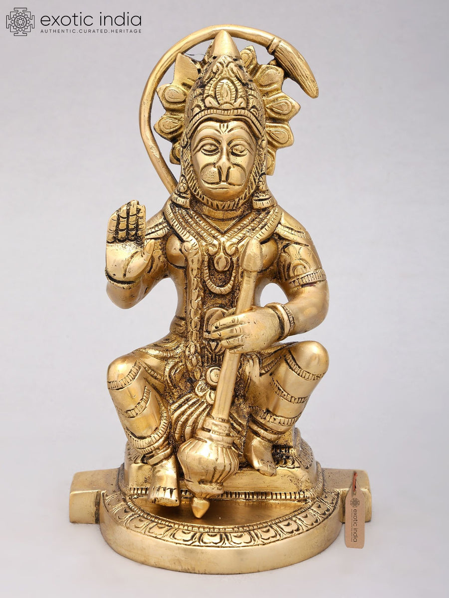 8" Handmade Sitting Lord Hanuman Blessing Gesture Brass Statue