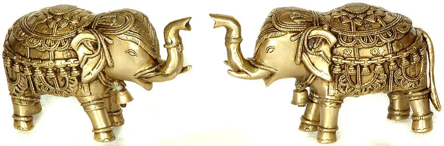 Temple Elephant Pair Brass Statue with Bells and Upraised Trunks