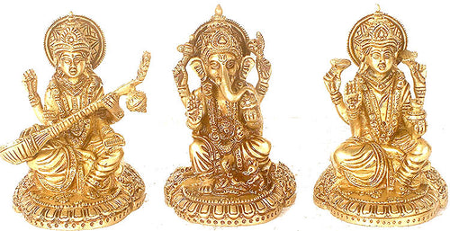4" Ganesha Lakshmi Saraswati Brass Statue Set Handmade