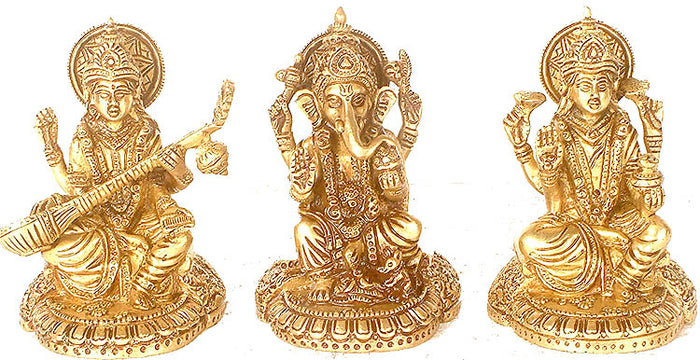 4" Ganesha Lakshmi Saraswati Brass Statue Set Handmade