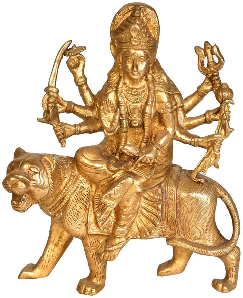 8" Goddess Durga Seated on Her Mount Lion In Brass | Handmade | Made In India