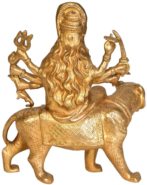 8" Goddess Durga Seated on Her Mount Lion In Brass | Handmade | Made In India