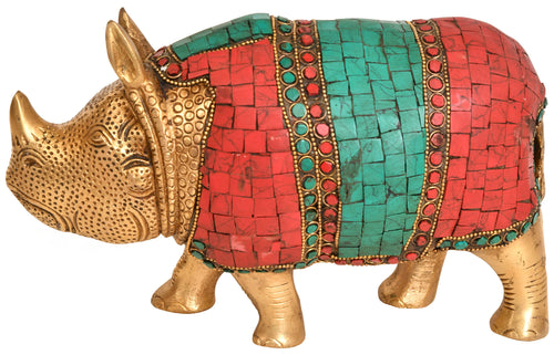 Brass Rhinoceros Statue with Inlay Work