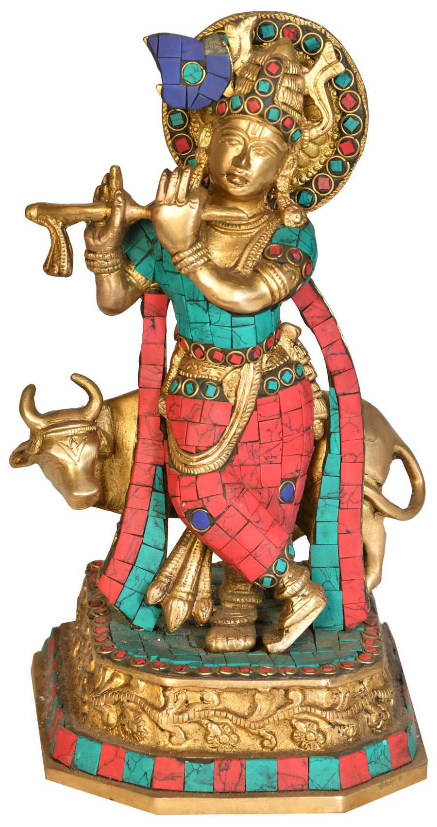 9" Handmade Krishna With Cow Brass Statue