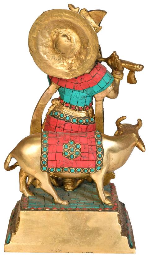 9" Krishna With Cow In Brass | Handmade | Made In India