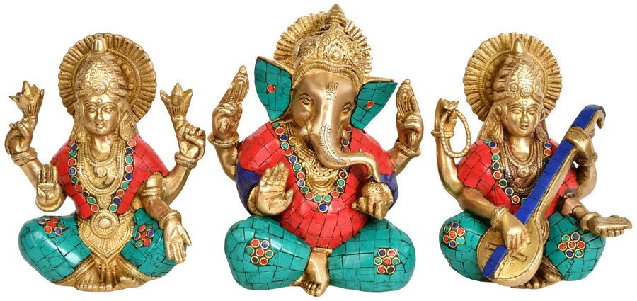 6" Lakshmi Ganesha Saraswati Brass Statue Handmade