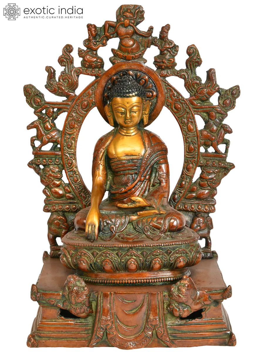 10" Lord Buddha Seated Brass Statue Handmade Enlightenment Throne