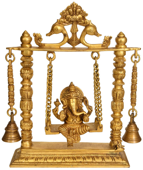 10" Lord Ganesha Swing Brass Statue with Hanging Bells Handmade
