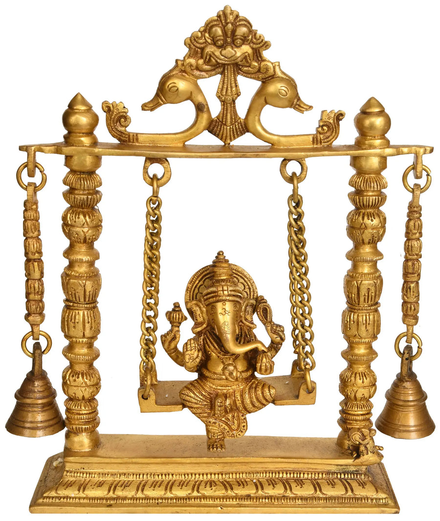 10" Lord Ganesha Swing Brass Statue with Hanging Bells Handmade