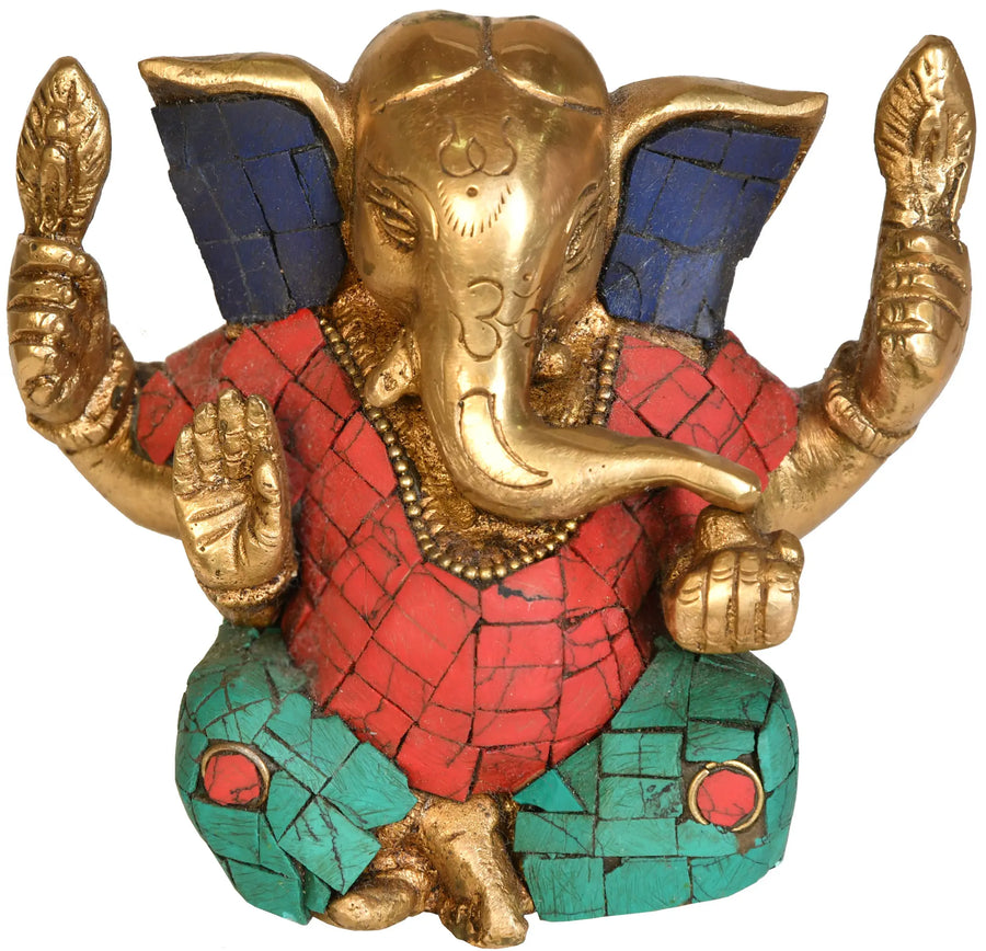 3" Lord Ganesha Brass Sculpture with Inlay Work Handmade