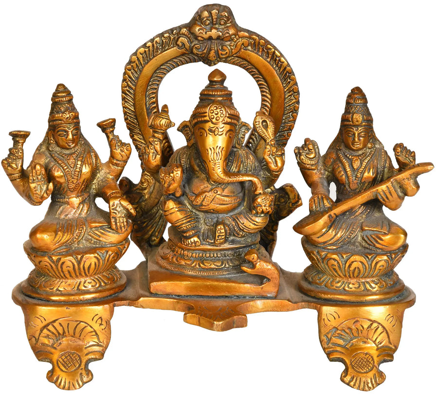 6" Lakshmi Ganesha Saraswati Handmade Brass Statue