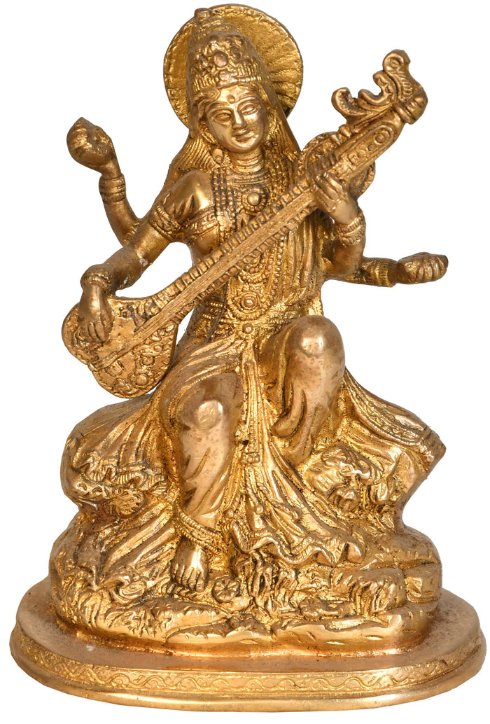 7" Veena-Vadini Saraswati Handmade Brass Sculpture