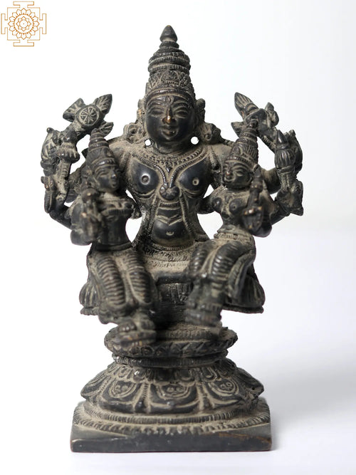 4" Handmade Lord Vishnu with Shridevi and Bhudevi Brass Idol