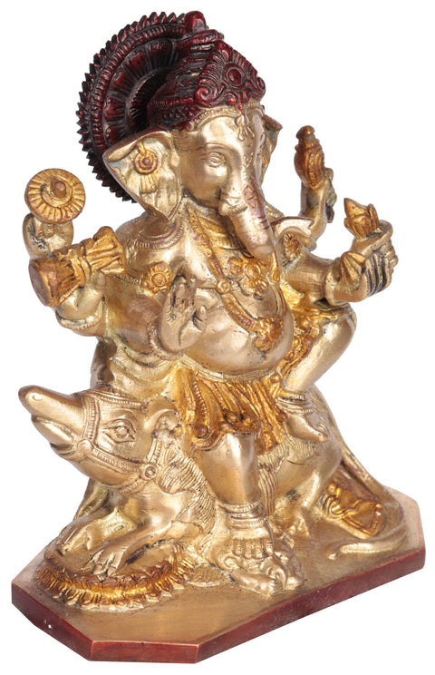 8" Six-Armed Ganesha Seated on Rat with Leg on a Lion Head In Brass | Handmade | Made In India