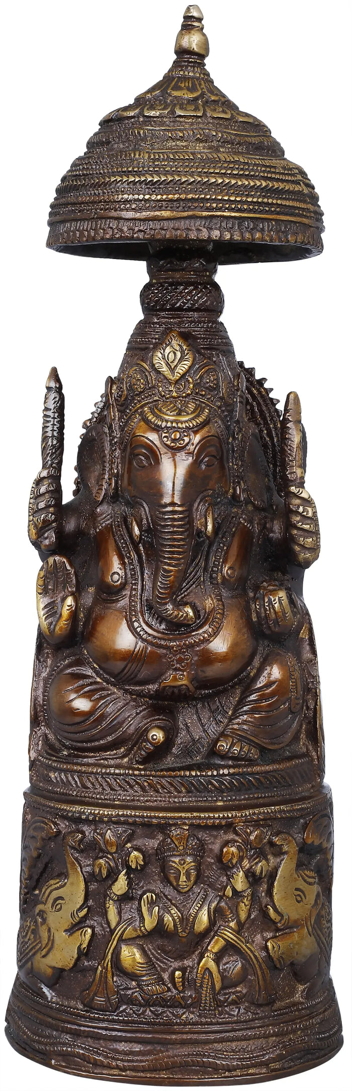 10" Raja Ganesha with Gaja Lakshmi Brass Statue Handmade Pedestal