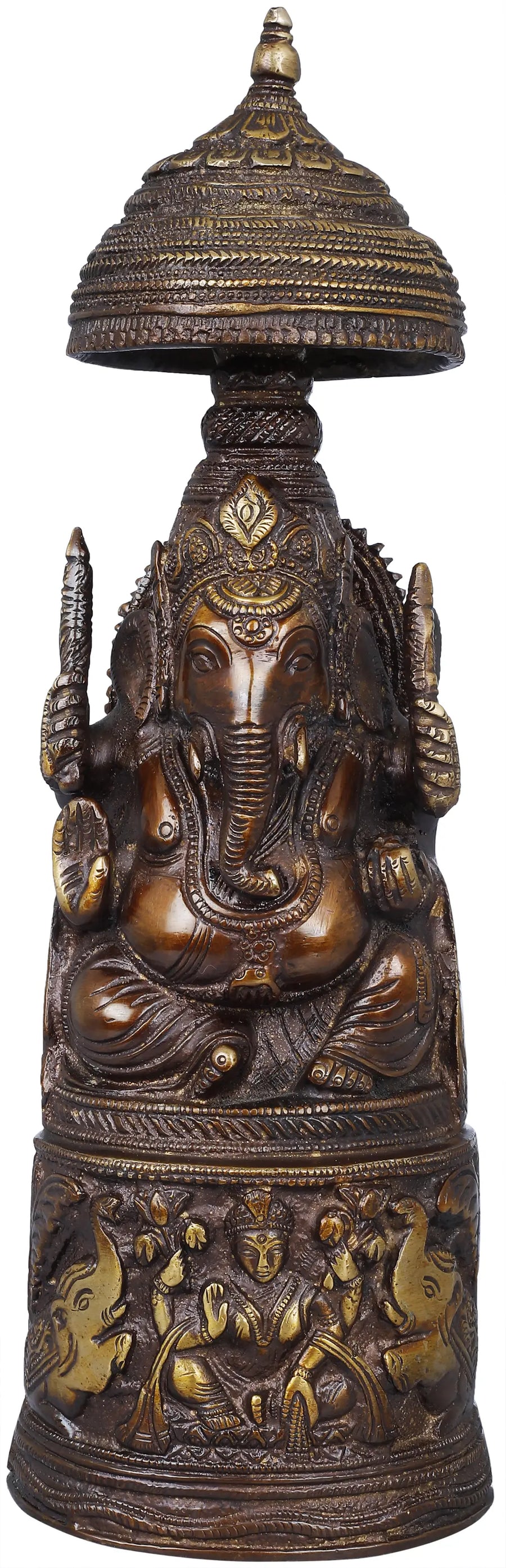 10" Raja Ganesha with Gaja Lakshmi Brass Statue Handmade Pedestal