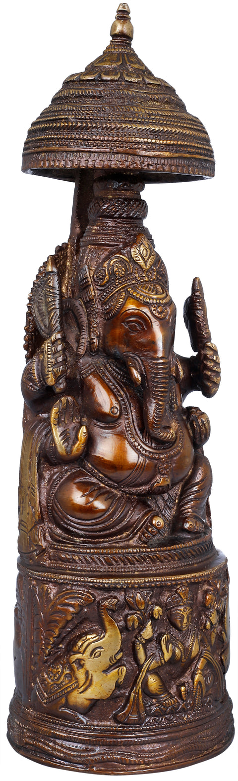 10" Raja Ganesha with Gaja Lakshmi Carved in Pedestal In Brass | Handmade | Made In India