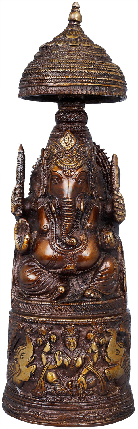 10" Raja Ganesha with Gaja Lakshmi Carved in Pedestal In Brass | Handmade | Made In India