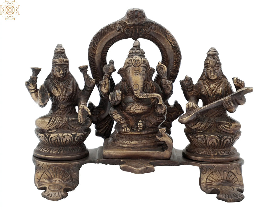 6" Handmade Brass Lakshmi Ganesha Saraswati Statue