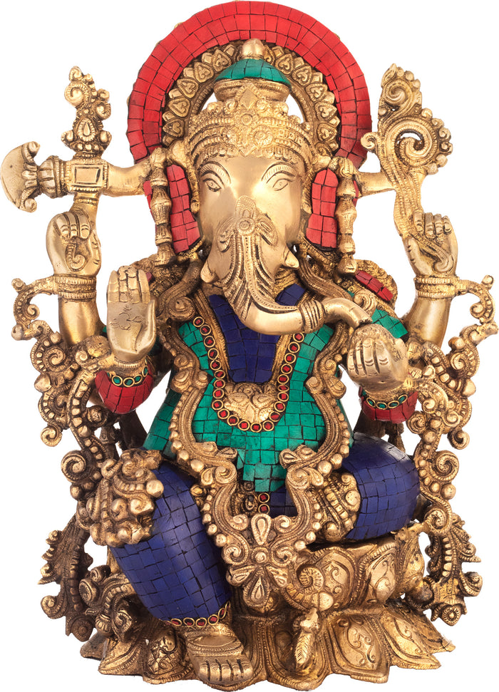 15" Seated Ganesha Brass Statue Handmade Home Decor