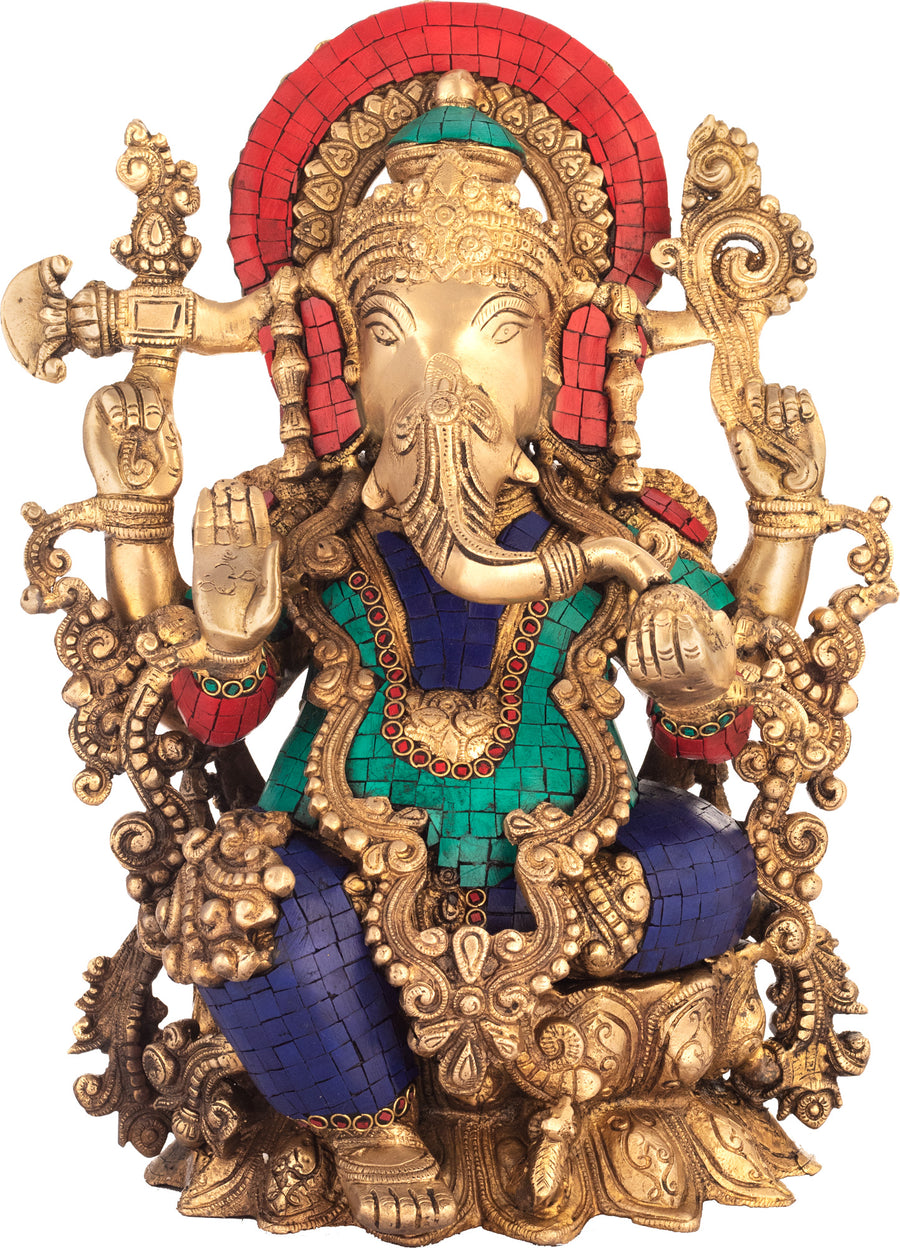 15" Seated Ganesha Brass Statue Handmade Home Decor