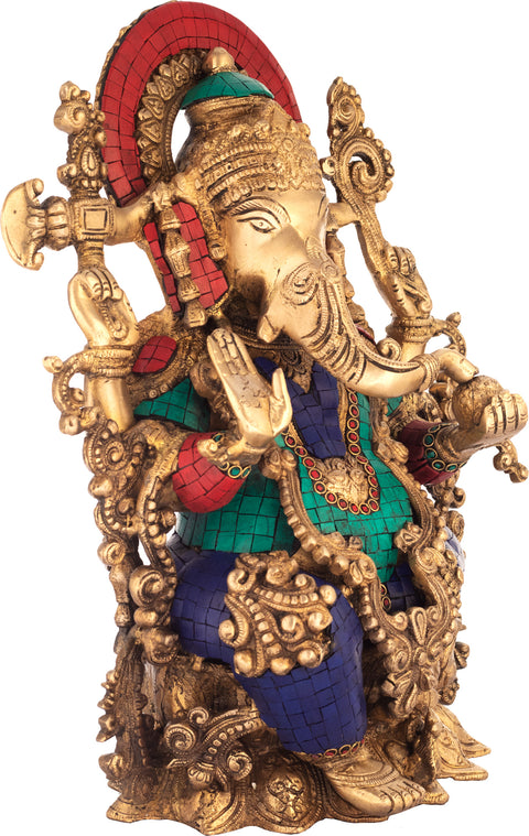 15" Seated Ganesha, Exquisitely Adorned In Brass | Handmade | Made In India