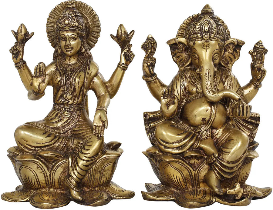 9" Lakshmi Ganesha Handmade Brass Statue for Pooja
