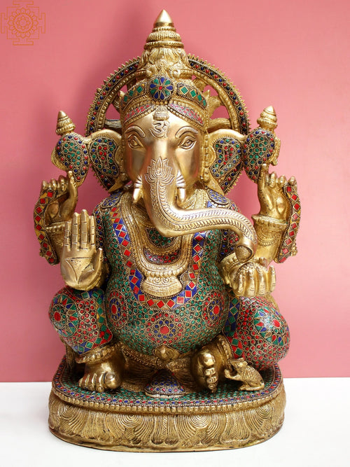 18" Handmade Brass Ganesha Statue with Inlay Work