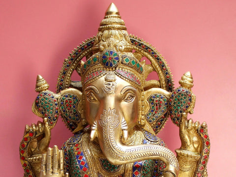 18" Brass Ganesha with Inlay Work