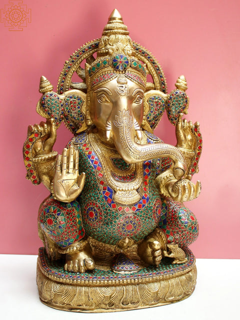 18" Brass Ganesha with Inlay Work