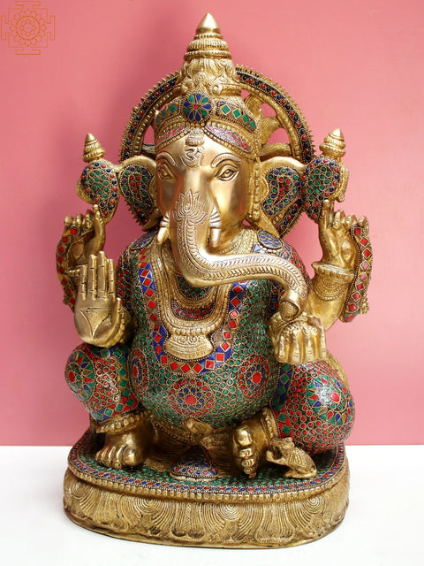 18" Brass Ganesha with Inlay Work