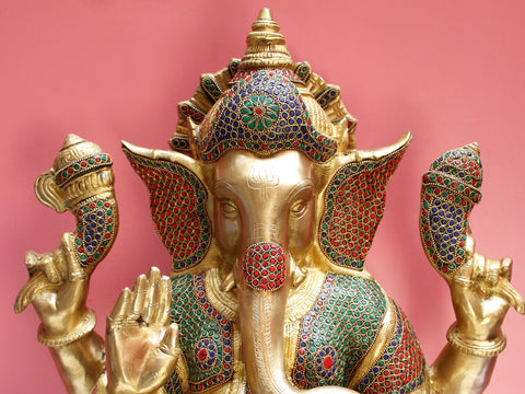 22" Brass Ganesha with Inlay Work
