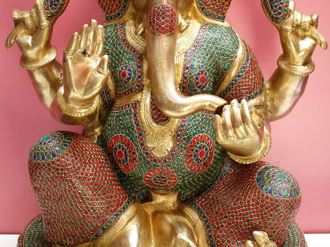 22" Brass Ganesha with Inlay Work