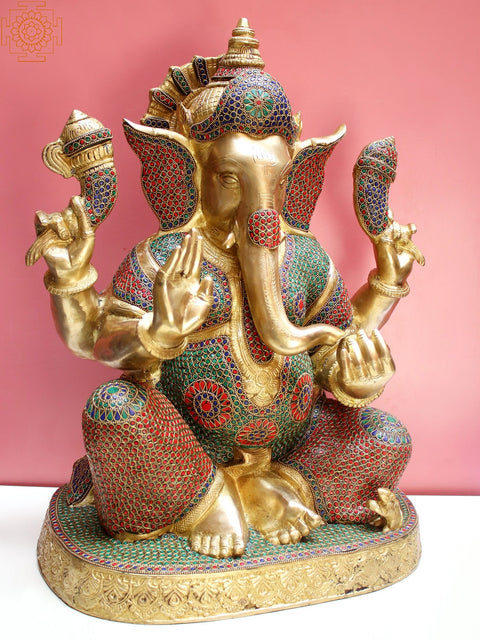 22" Brass Ganesha with Inlay Work