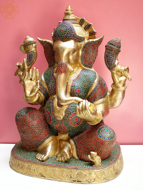 22" Brass Ganesha with Inlay Work