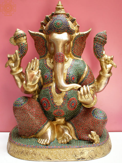 22" Brass Ganesha Statue with Inlay Work