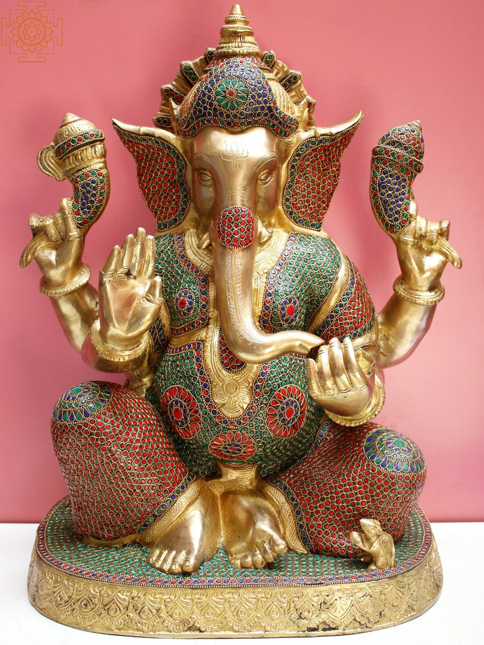 22" Brass Ganesha Statue with Inlay Work