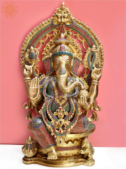 26" Brass King Ganesha Seated on Throne Statue with Inlay Work