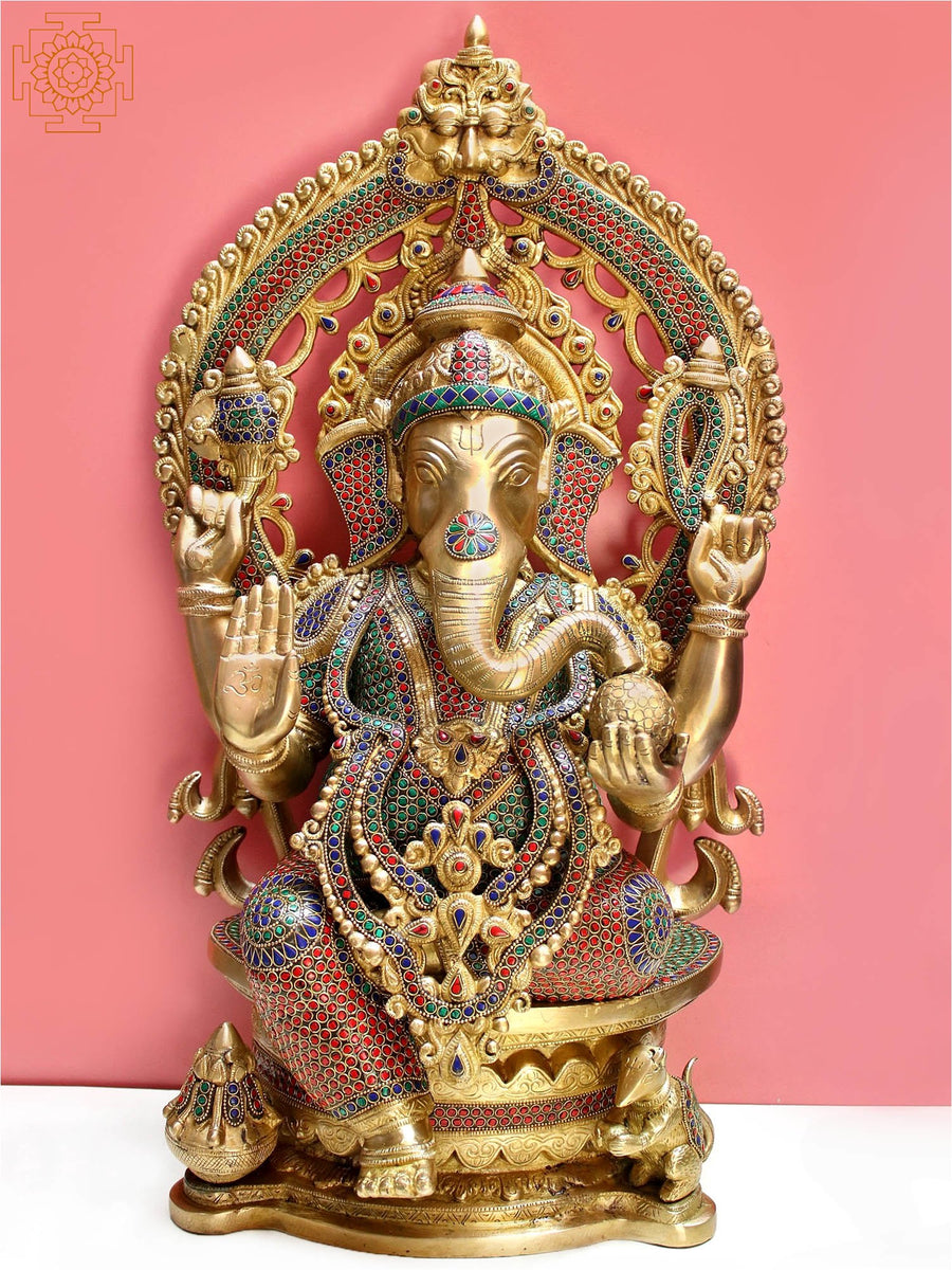 26" Brass King Ganesha Seated on Throne Statue with Inlay Work